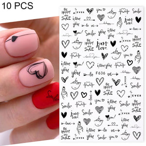 10 PCS Cartoon Heart Letters Comic Character Nail Art Sticker 3D Adhesive Nail Stickers