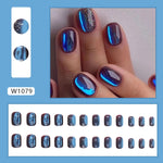 24pcs /Box Short Press On Nails Bling Aurora Nail Galaxy Blue Glitter Fake Nails