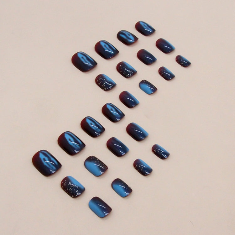 24pcs /Box Short Press On Nails Bling Aurora Nail Galaxy Blue Glitter Fake Nails